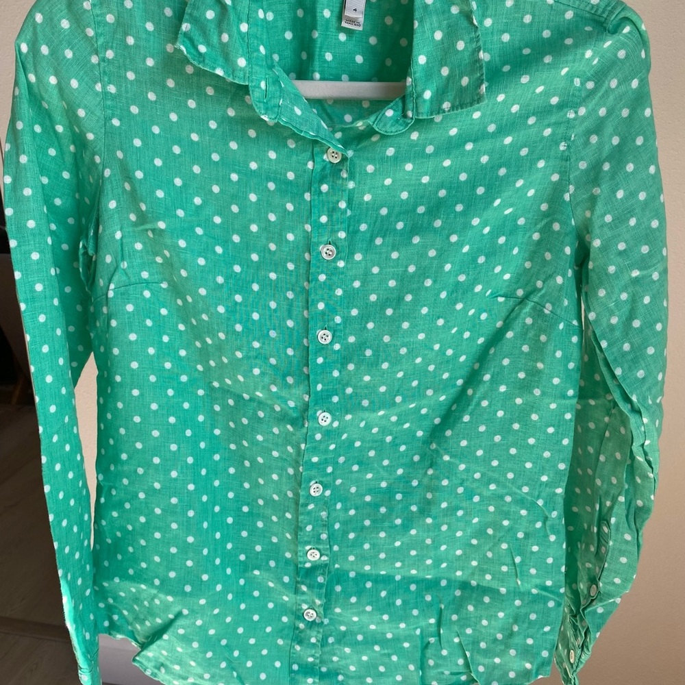J.Crew 100% Linen Green Polka Dot Button Down